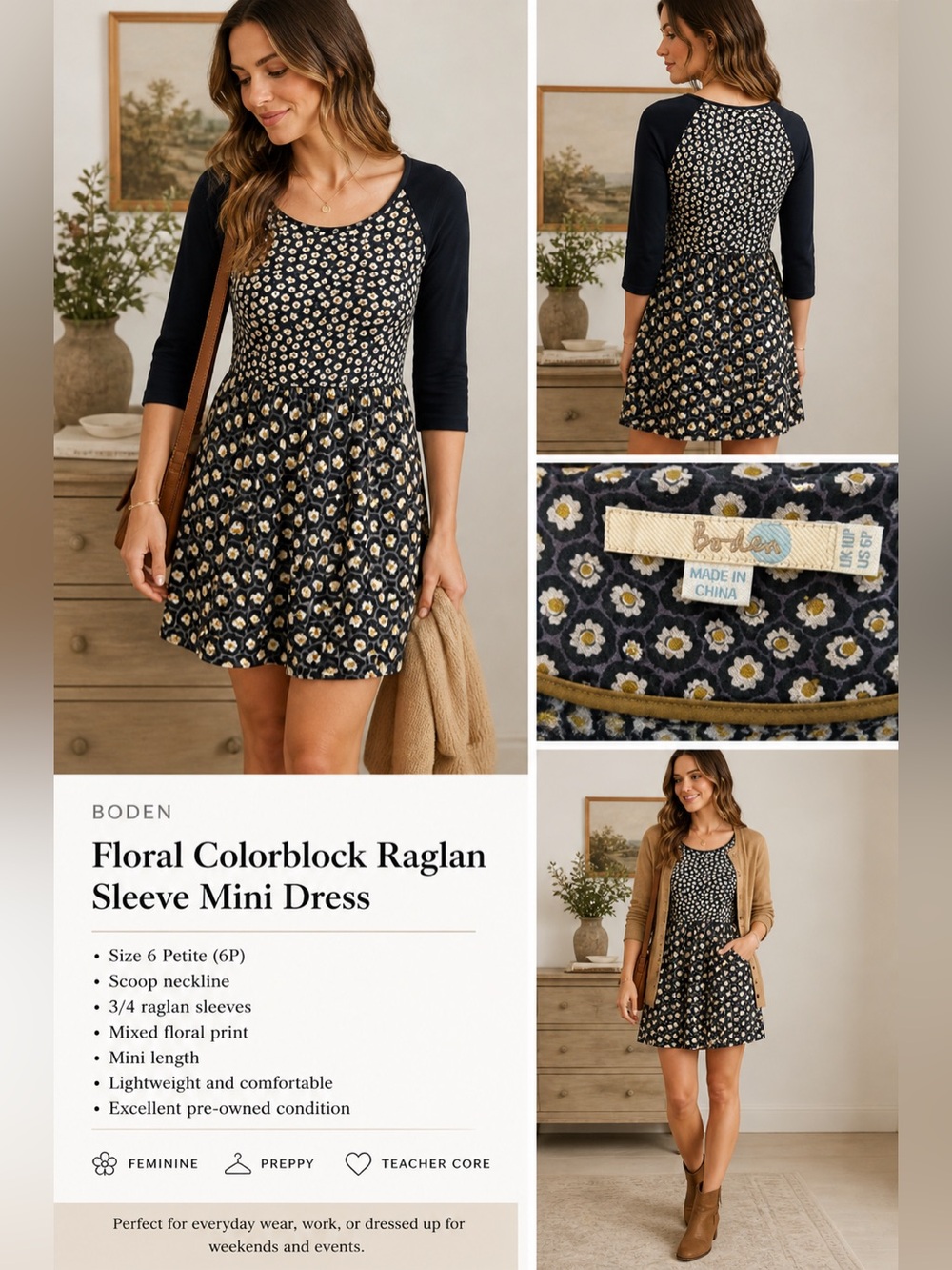 Boden Floral Mini Dress 6P Petite Colorblock Raglan Sleeve Teacher Core Preppy